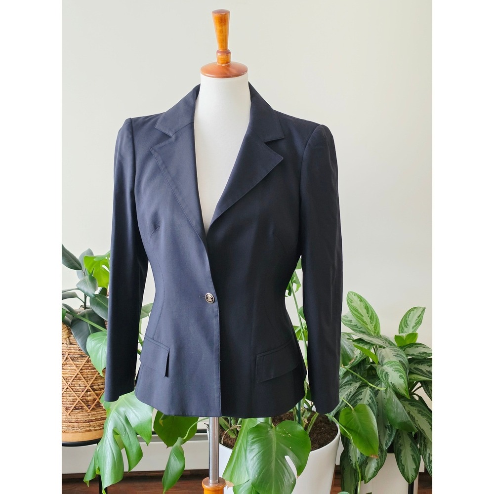 VTG Roberto Cavalli Navy Single Button Wool Blazer Leopard Trim Made in Italy 46 - Picture 3 of 16